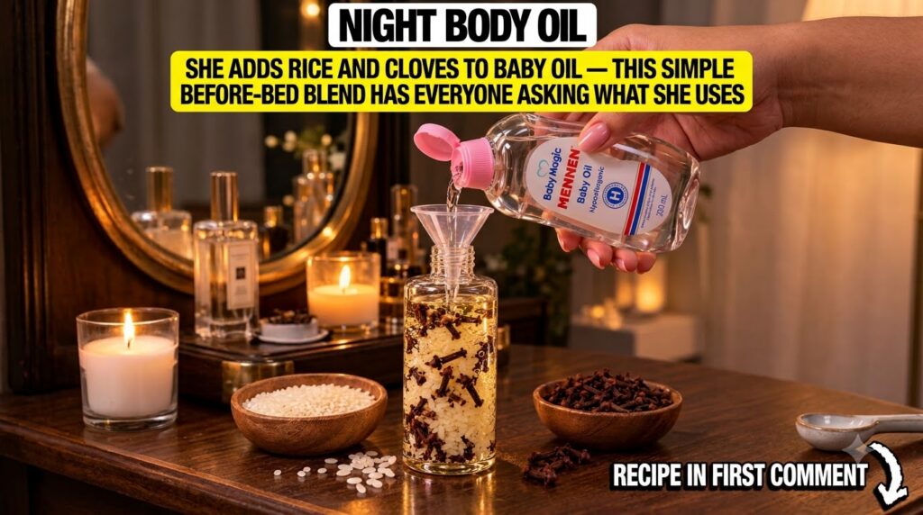 A hand pouring baby oil into a small clear bottle containing rice grains and cloves set against a softly blurred backgro