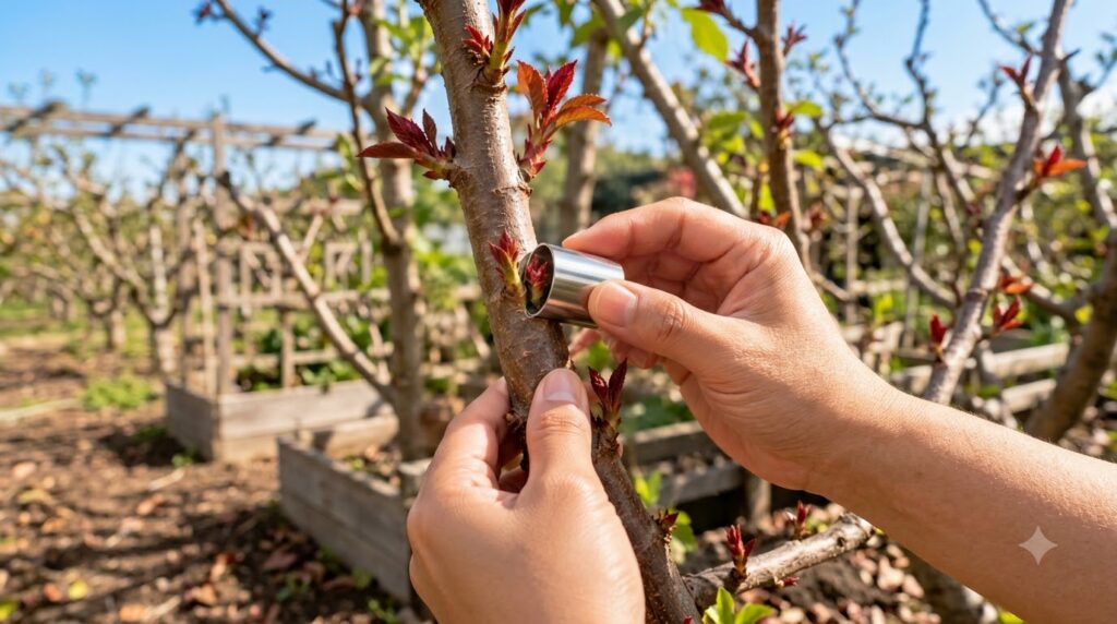 A close-up of hands gently tending to a tree branch with developing red and green buds using a small metal tool against 