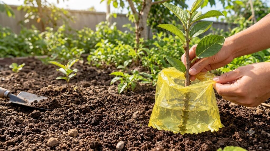 Close-up of hands gently placing a translucent yellow plastic bag filled with water at the base of a young plant sapling
