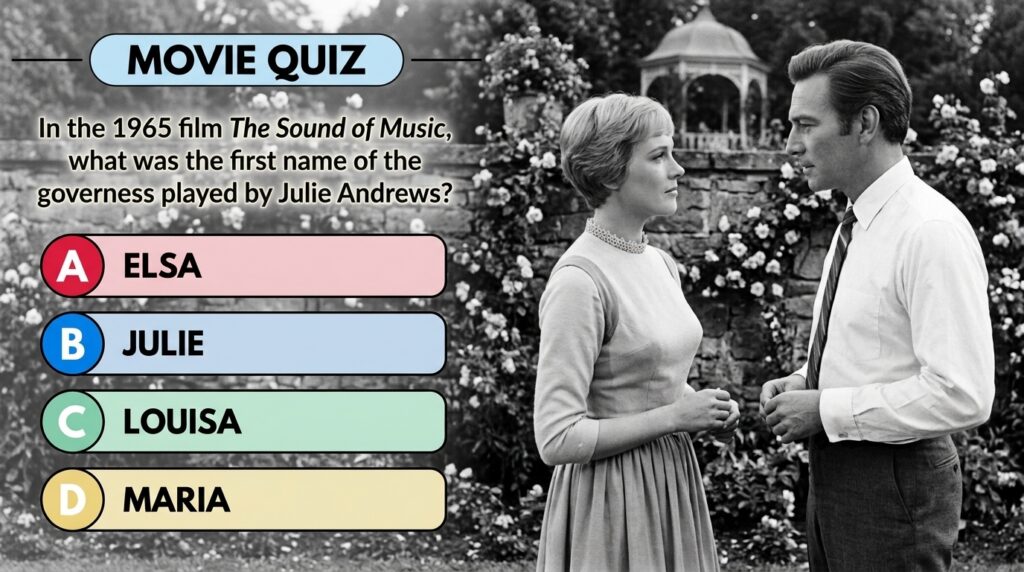 Black and white still from The Sound of Music featuring Julie Andrews and Christopher Plummer with a quiz overlay asking