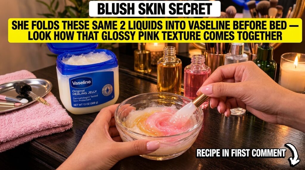 Close-up of hands mixing Vaseline with rose water and baby oil with a few drops of natural liquid color like a golden or