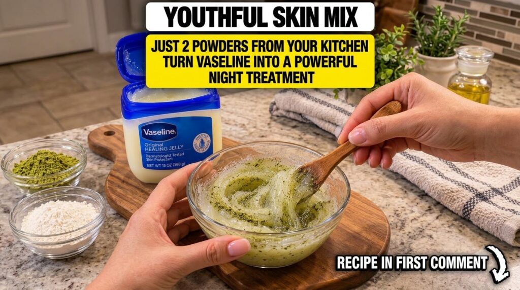 Hands mixing green powder matcha and white powder rice powder into Vaseline in a clear glass bowl with a wooden spoon Th