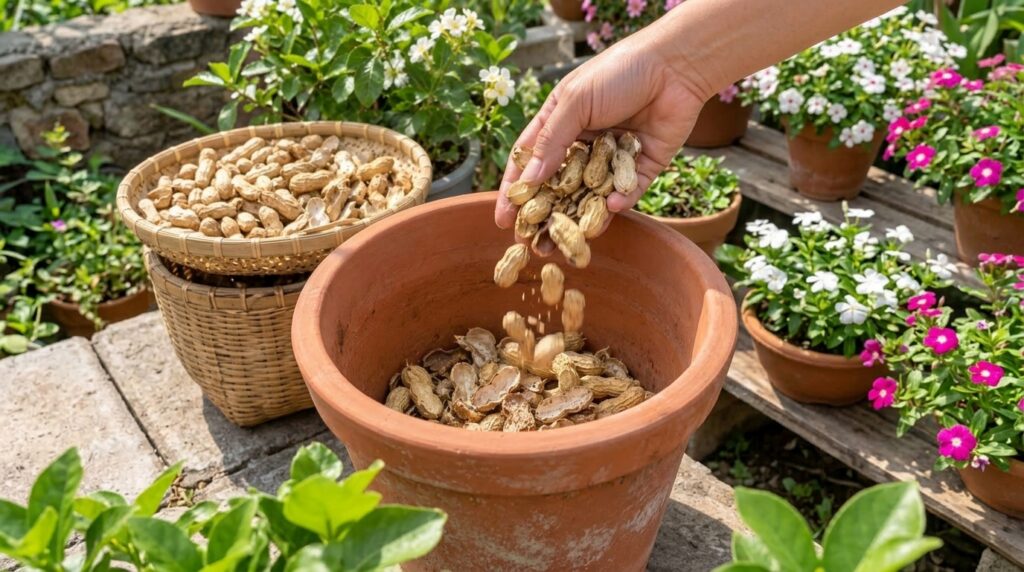 A hand dropping peanut shells into a terracotta pot with blurred plants in the background