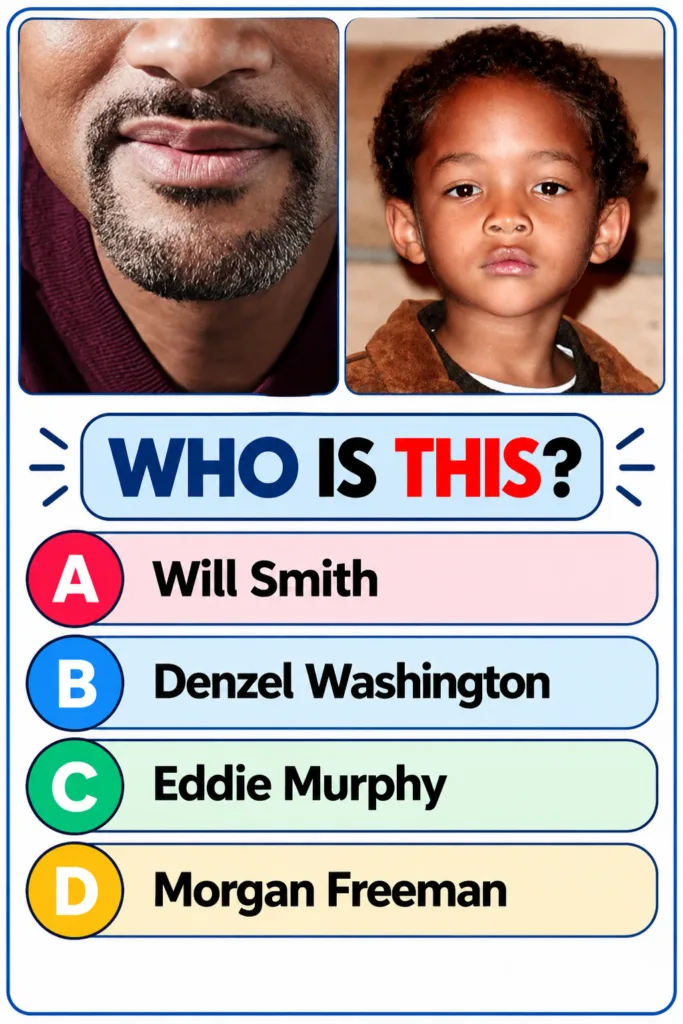 A quiz graphic showing two cropped headshots a man with a beard and a young child with the question WHO IS THIS and four