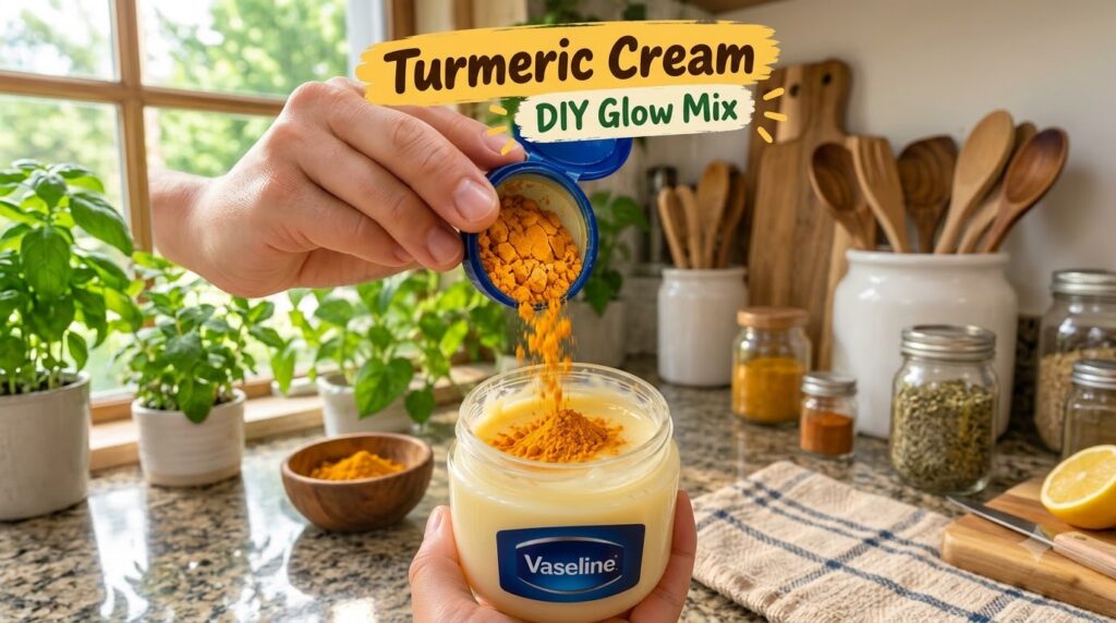 Hands mixing turmeric powder into a jar of Vaseline showing the golden powder falling into the white jelly