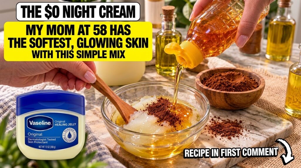 A hand mixing honey cinnamon powder olive oil and Vaseline in a clear glass bowl A wooden spoon is used for mixing The b
