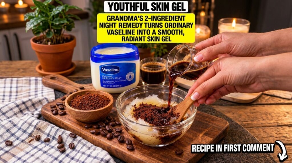 A hand pouring brewed coffee into a glass bowl with Vaseline and coffee grounds on a wooden surface surrounded by a tub 