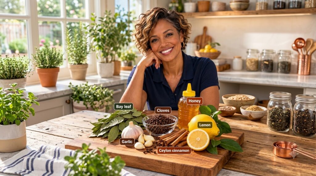 A smiling woman with curly hair in a kitchen with a wooden cutting board in the foreground filled with bay leaves garlic