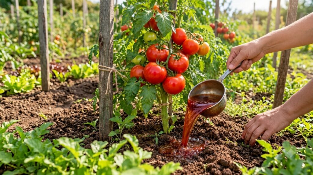 A hand pouring rich dark liquid from a metal ladle onto the soil at the base of a tomato plant laden with ripe and green