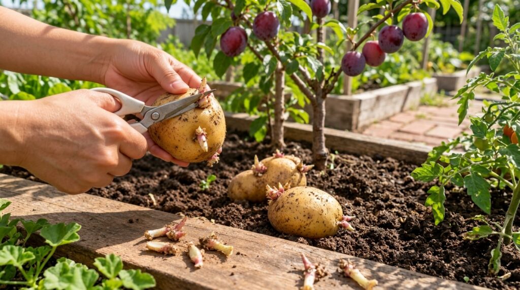 A close-up of hands chitting a sprouting potato with other chitted potatoes on soil and a wooden plank against a backdro