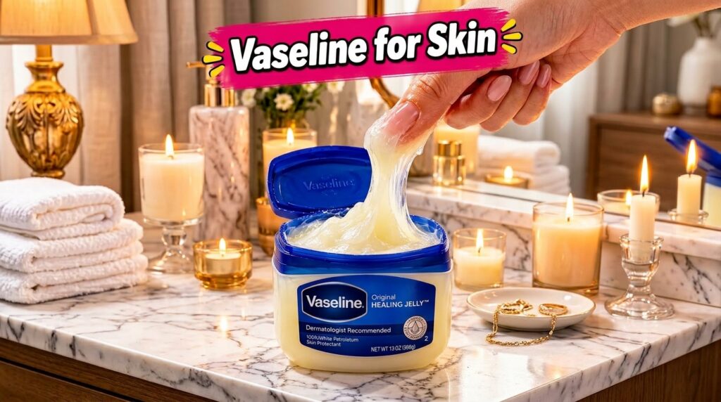 A hand gently pulling a thick strand of Vaseline Original Healing Jelly from its open tub with a blurred spa-like backgr