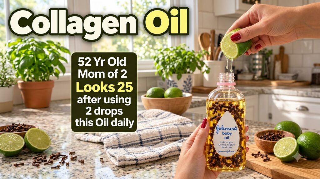 Hands in a kitchen squeezing a fresh lime into a bottle of Johnson s baby oil which is infused with cloves A wooden boar
