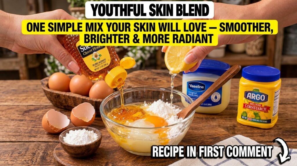 Close-up of hands mixing ingredients in a glass bowl including honey raw eggs Vaseline and cornstarch on a rustic wooden