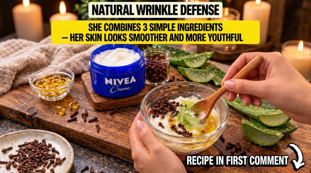 Hands gently mixing Nivea cream ground cloves aloe vera gel and vitamin E oil in a glass bowl with a wooden spoon Backgr