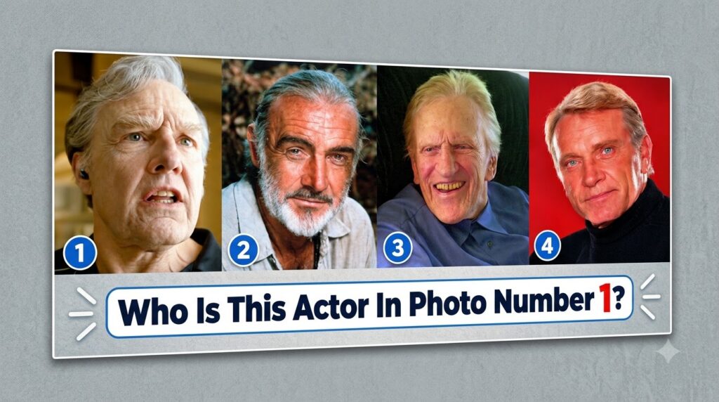 A four-panel celebrity quiz image with four distinct older male actors in a 2x2 grid and the question Who Is This Actor 