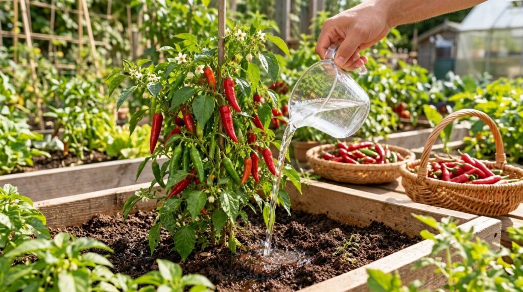 A close-up of a hand pouring water from a glass pitcher onto a vibrant chili pepper plant showcasing ripe red and green 