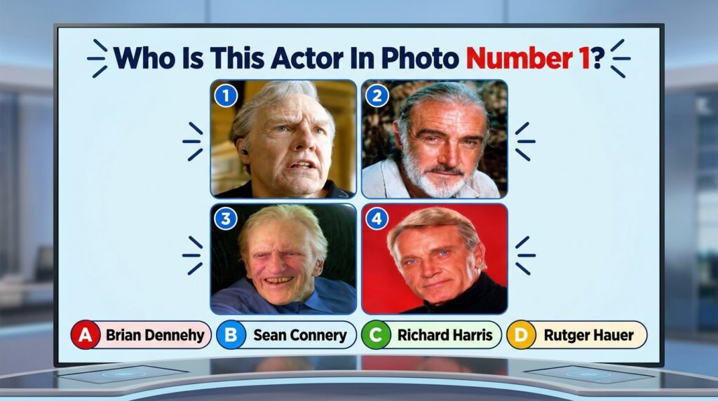 A multiple-choice quiz graphic showing four headshots of older male actors with Photo Number 1 highlighted asking to ide