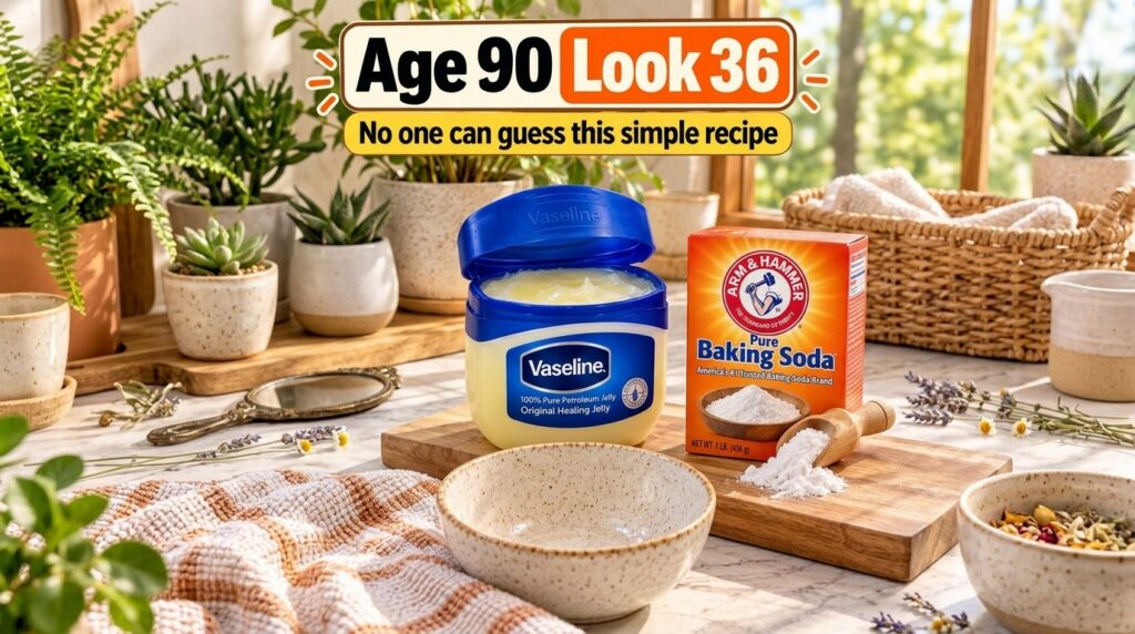 An open jar of Vaseline Original Healing Jelly and a bottle of Vitamin E capsules arranged next to a small ceramic bowl 