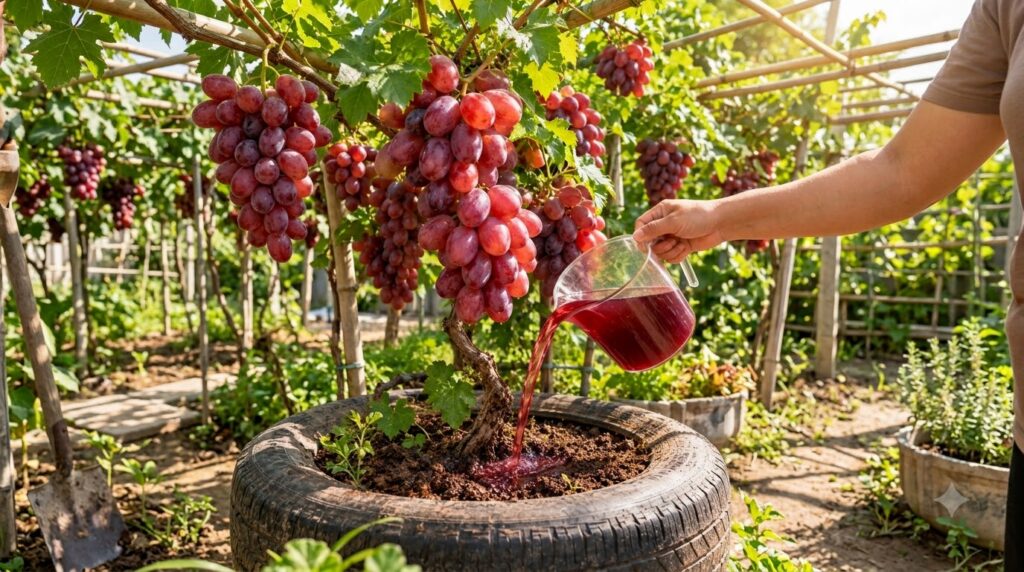 A hand pouring a dark red liquid from a glass pitcher onto the base of a grape vine planted in an old tire Ripe red grap