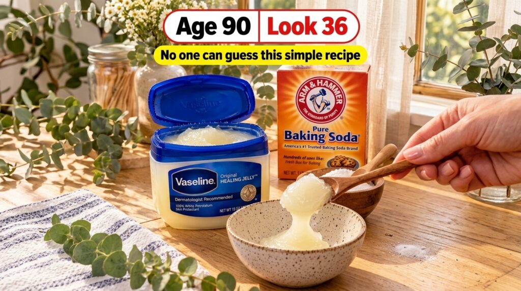 A flat lay showing an open tub of Vaseline a box of baking soda and a hand mixing them in a small bowl on a wooden surfa
