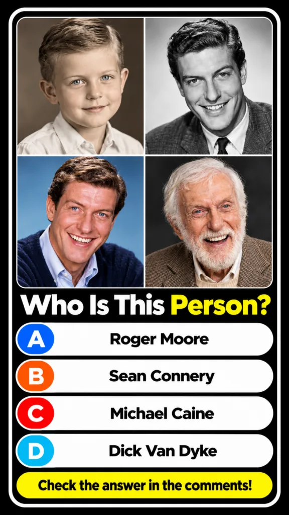 A 2x2 grid of four portrait photographs of Dick Van Dyke at different stages of life childhood young adulthood middle ag