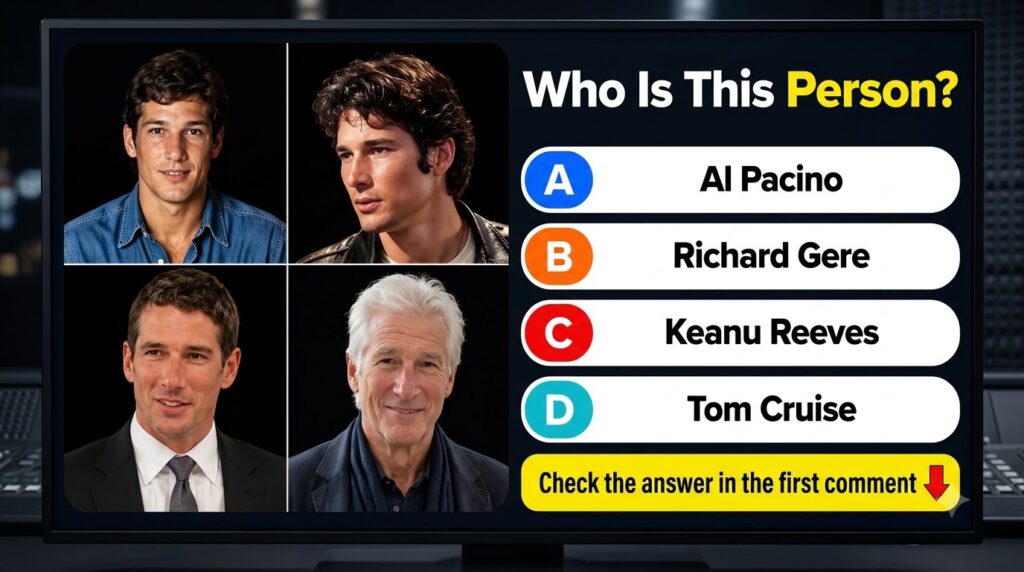 A multiple-choice quiz image showing four different male celebrity portraits against a dark background with the question