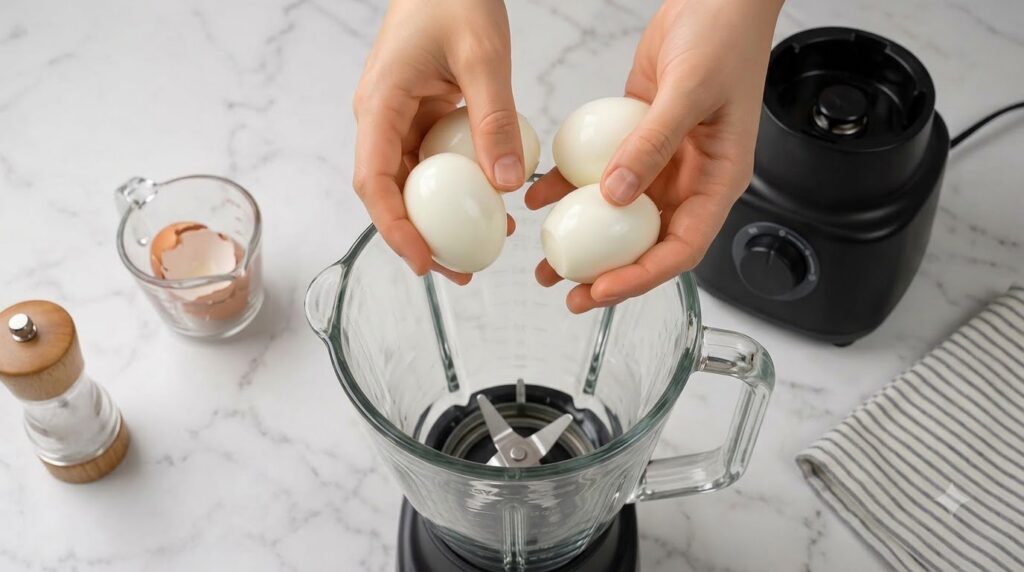 Two hands holding peeled hard-boiled eggs directly above an open blender on a white marble background