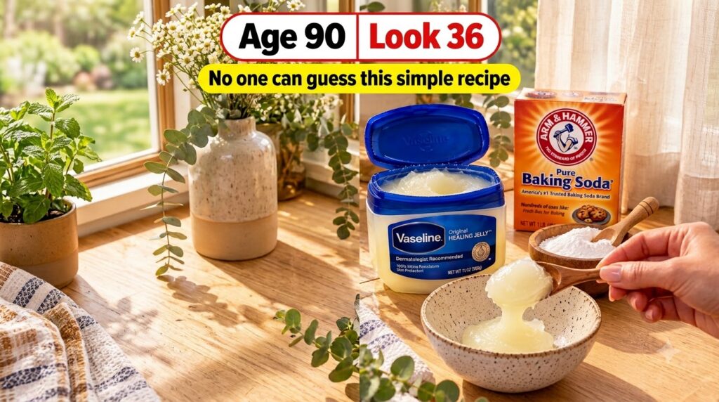 A close-up shot of a hand mixing Vaseline petroleum jelly and baking soda in a small ceramic bowl with a container of Va