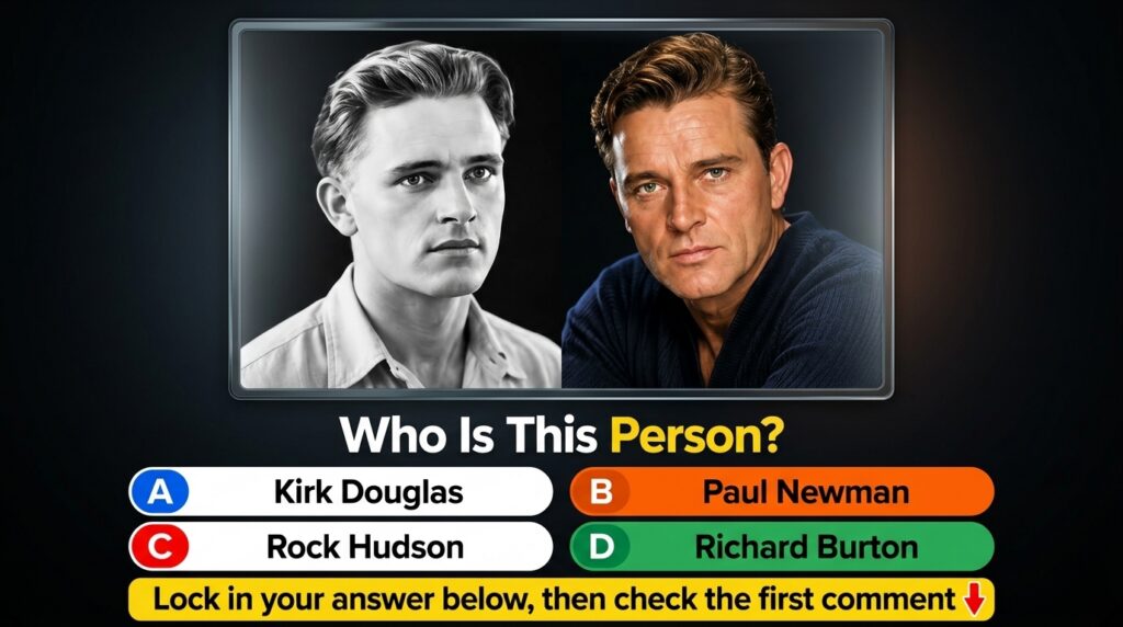 A multiple-choice quiz image showing two portraits of Richard Burton one black and white one color with the question Who