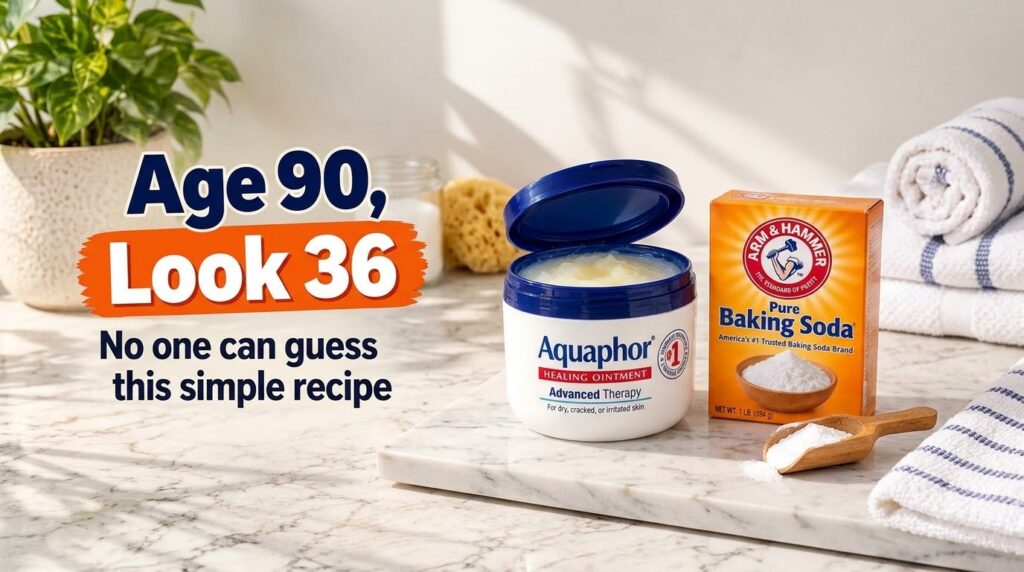 An open jar of Aquaphor Healing Ointment and a box of Arm Hammer Pure Baking Soda along with an empty ceramic bowl and a