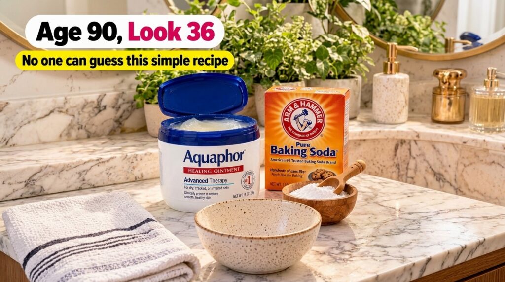 A close-up of a small ceramic bowl containing a creamy white paste made from Aquaphor and baking soda with a wooden spoo