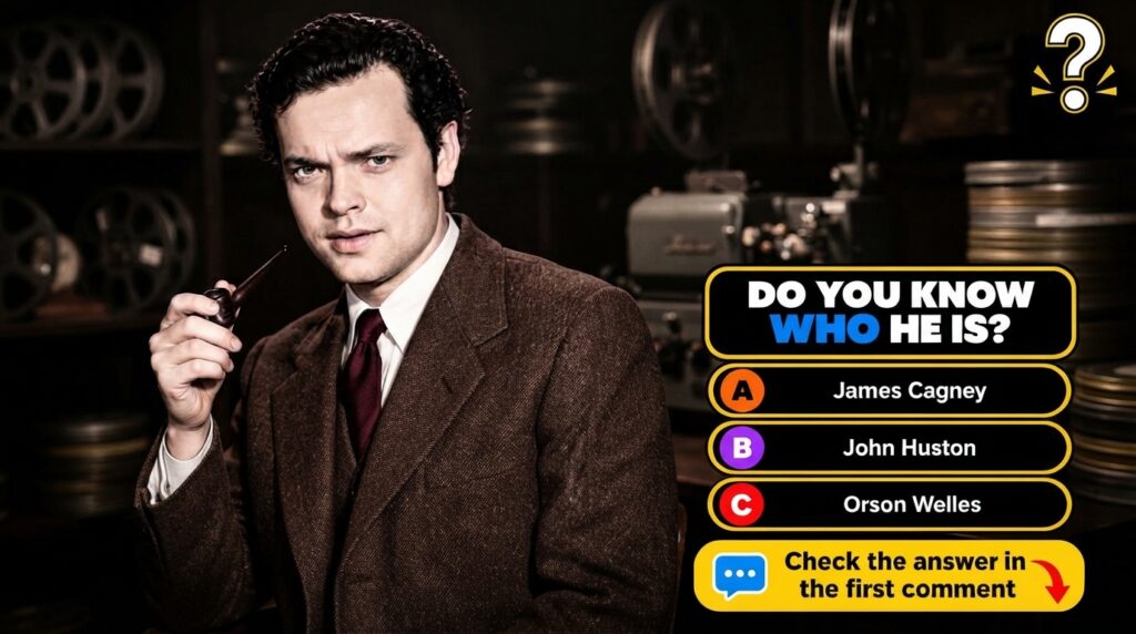 A vintage black and white portrait of Orson Welles in a suit holding a pipe with a quiz overlay