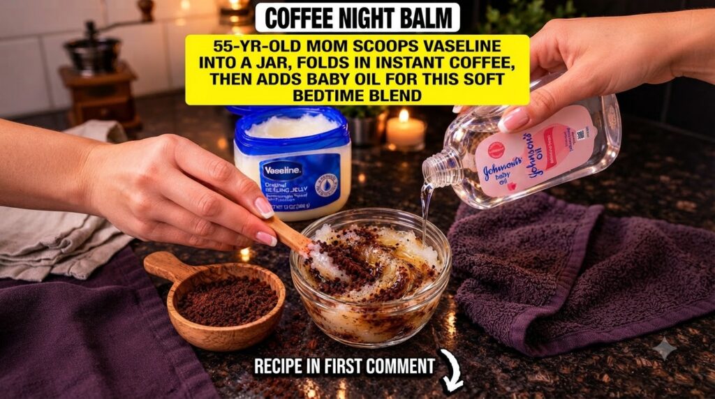 Close-up of hands pouring baby oil into a glass bowl with Vaseline and coffee grounds with a tub of Vaseline and a small