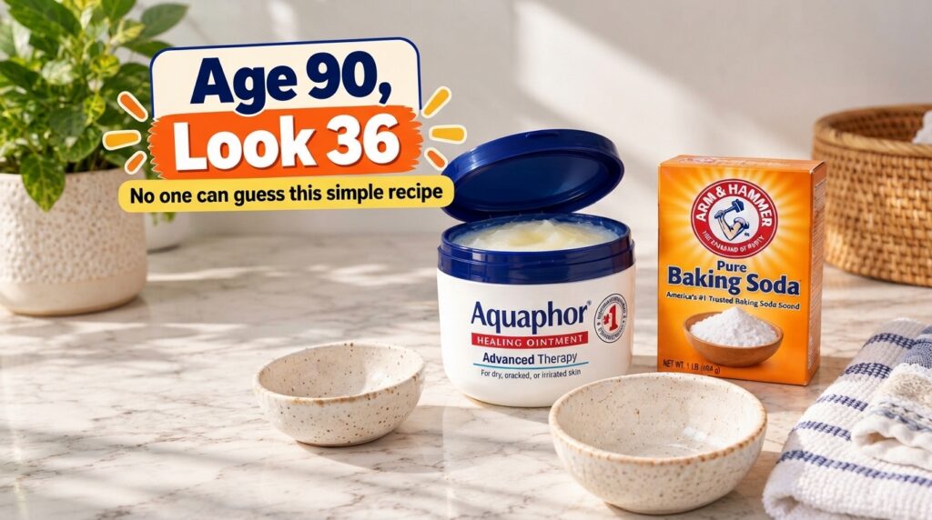 An open tub of Aquaphor Healing Ointment next to a box of Arm Hammer Pure Baking Soda an empty ceramic bowl and a folded