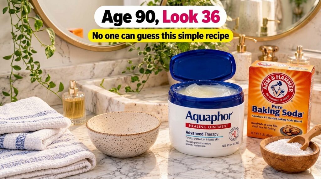 A close-up composition on a marble countertop featuring an open tub of Aquaphor Healing Ointment a box of Arm Hammer Pur