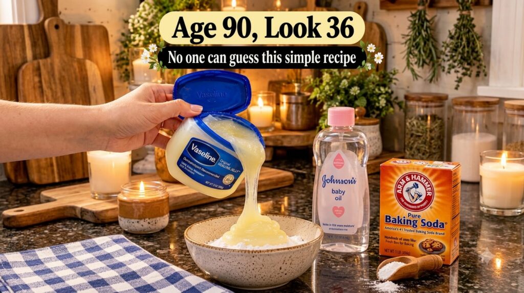 A hand pouring Vaseline into a bowl of white powder with Johnson s baby oil and Arm Hammer baking soda around it against