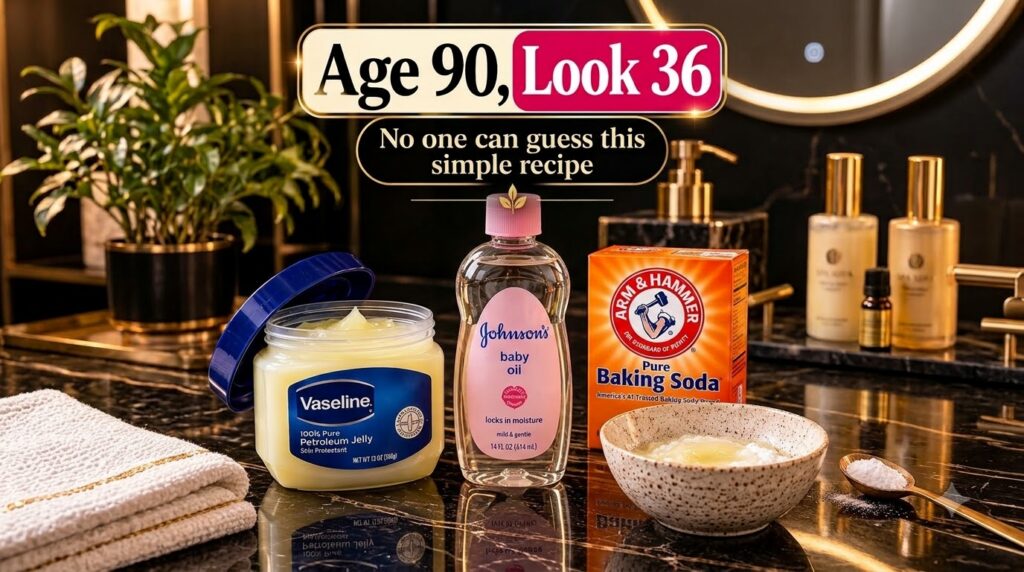 A speckled bowl containing a mixture of petroleum jelly and baking soda next to an open jar of Vaseline a bottle of John