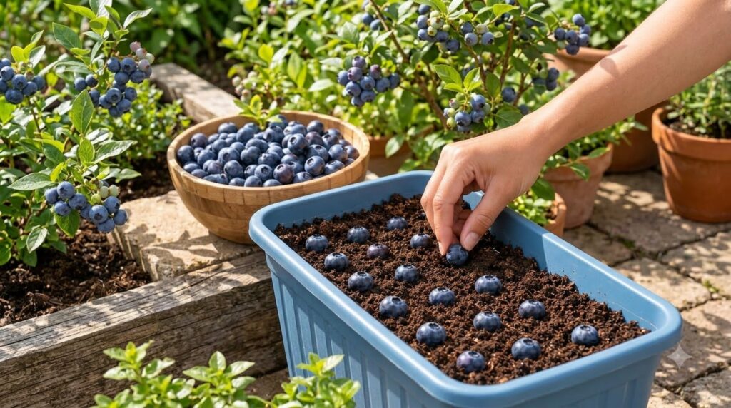 A human hand gently placing a blueberry bush seedling into a rectangular planter filled with dark prepared soil similar 