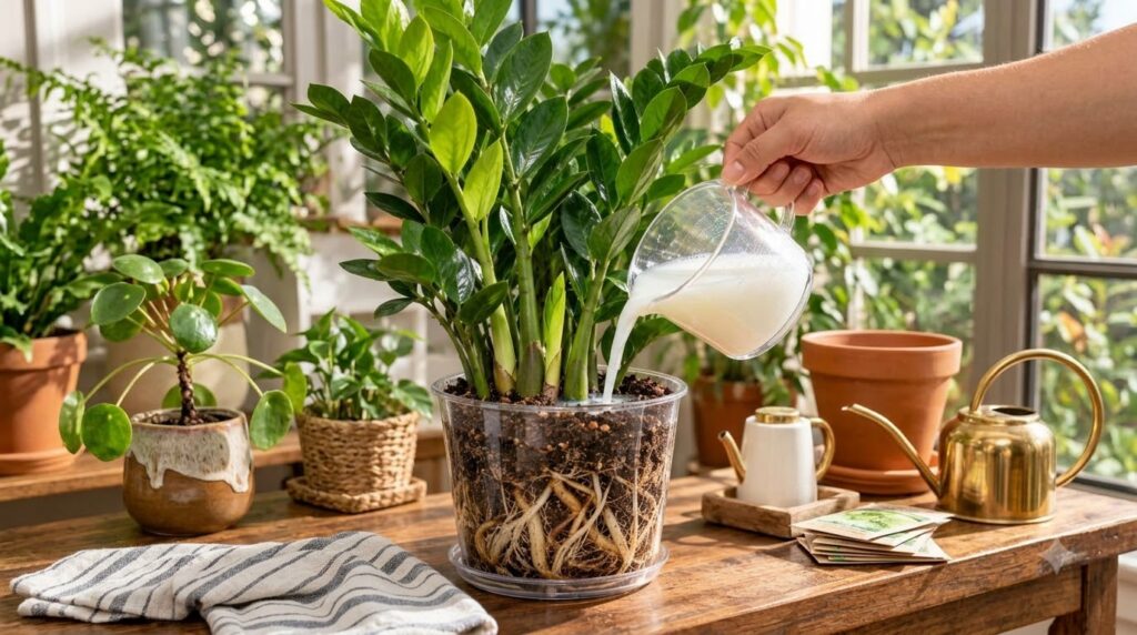 A hand pouring a milky white liquid nutrient solution onto the soil of a ZZ plant in a transparent pot revealing its hea