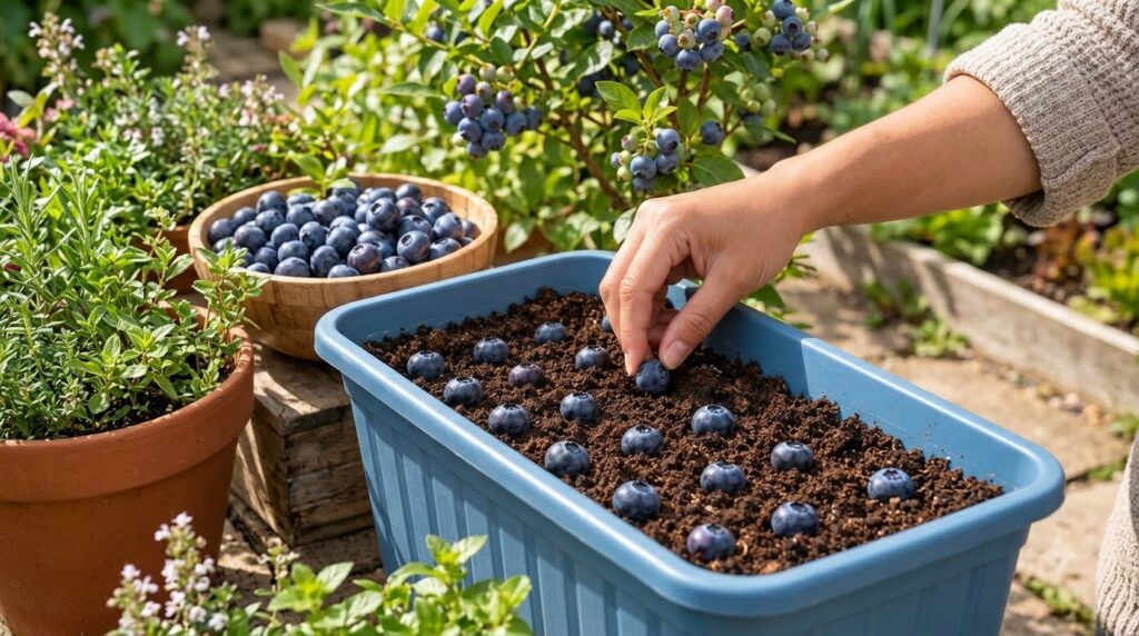 A person s hand gently placing a blueberry into a rectangular blue planter filled with soil with other blueberries alrea