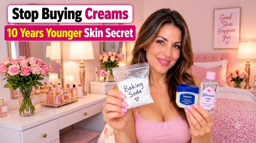 A smiling woman holding baking soda Vaseline and baby oil with a warm bedroom background