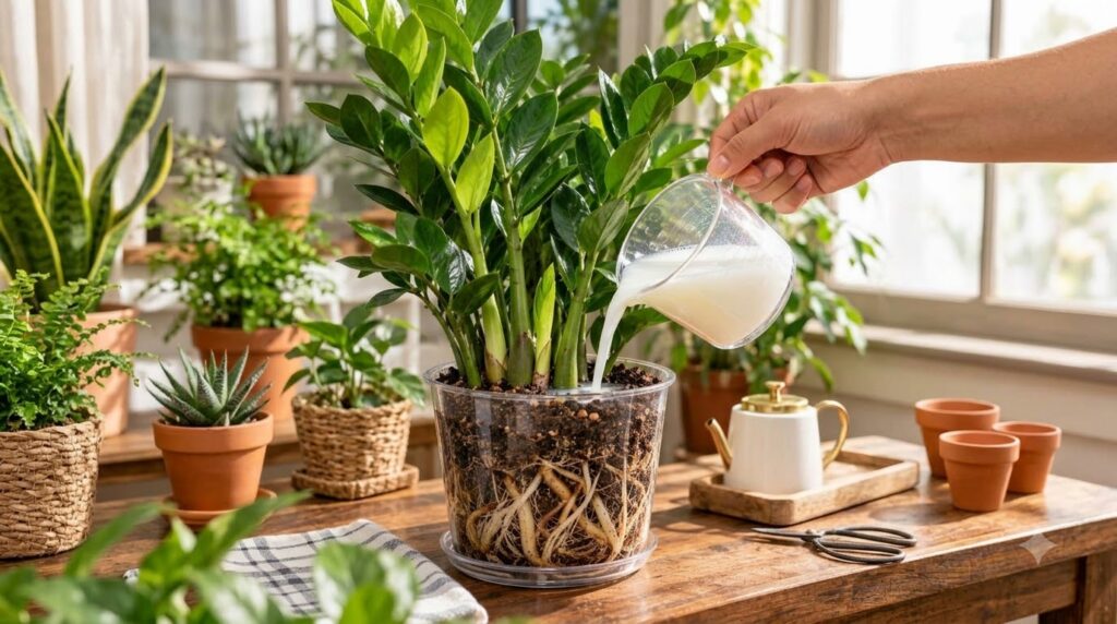 A ZZ plant in a clear pot showing its healthy root system with a hand pouring liquid nutrient into the soil