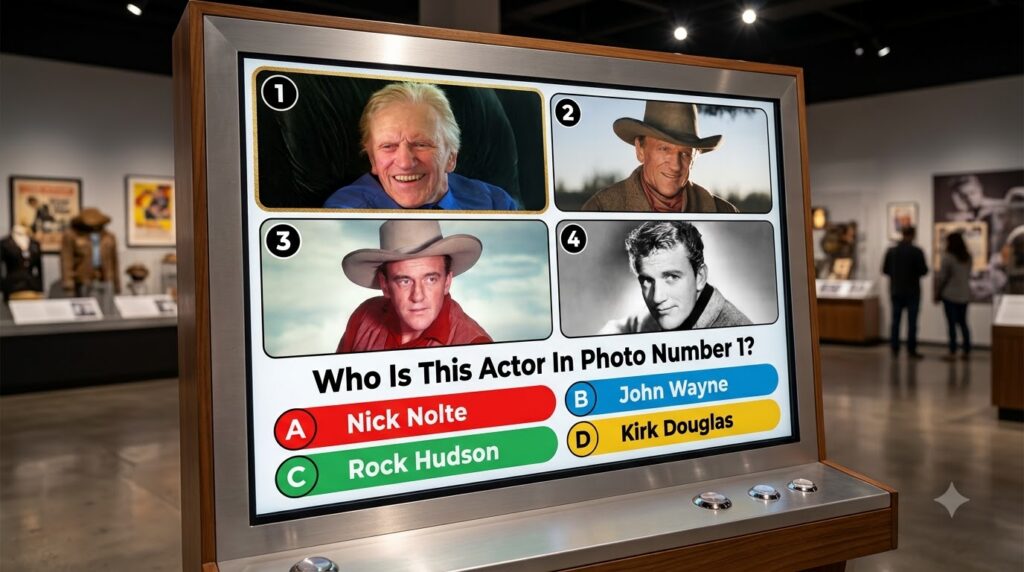 A multiple-choice quiz image featuring four headshots of classic Hollywood actors in a grid with one prominent image lab