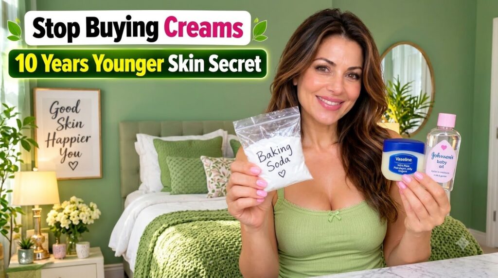 A smiling woman holding a bag of baking soda a tub of Vaseline and a bottle of baby oil against a soft bedroom backgroun