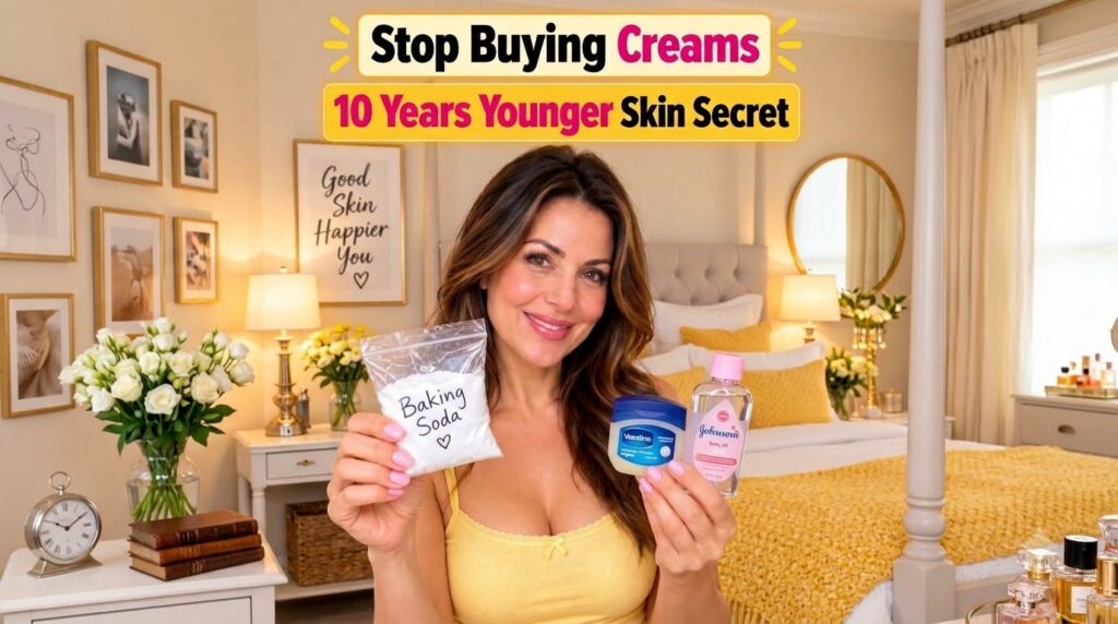 A smiling woman holding baking soda Vaseline and baby oil in a warm bedroom setting
