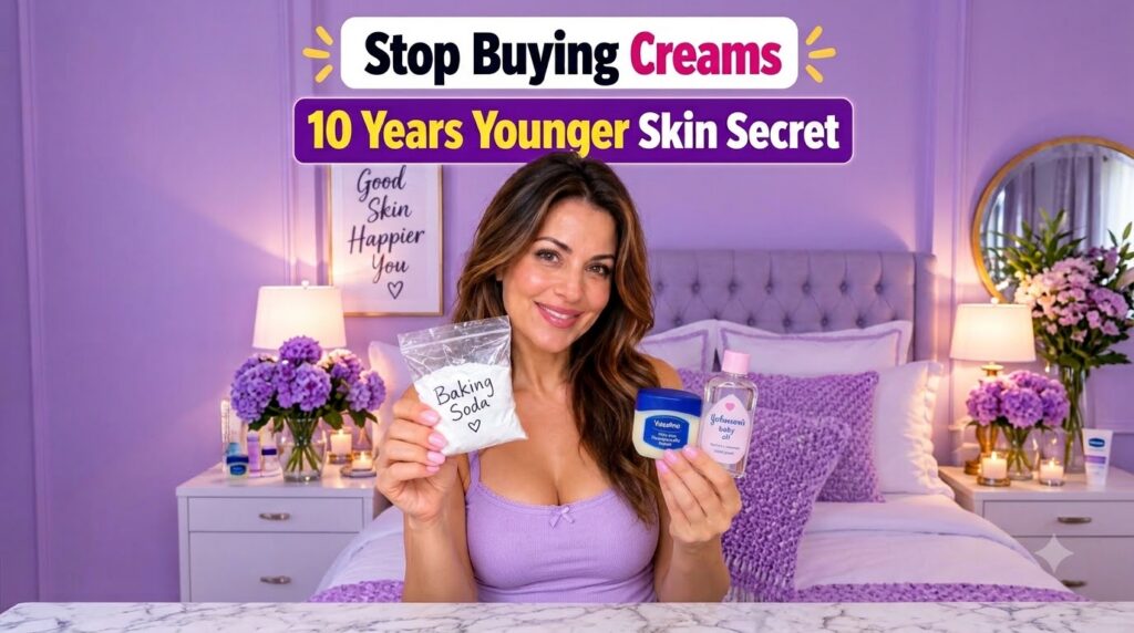 A smiling woman holding a bag of baking soda a jar of Vaseline and a bottle of Johnson s baby oil presenting them toward