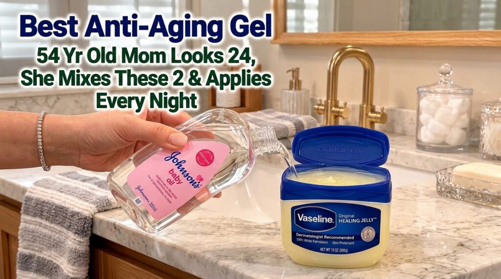 A close-up of a hand pouring clear baby oil from a bottle into a blue tub of Vaseline on a white marble countertop