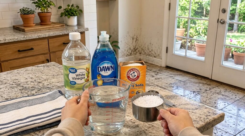 Una variedad de ingredientes de limpieza caseros vinagre bicarbonato de sodio jabón de platos agua y ácido cítrico dispu