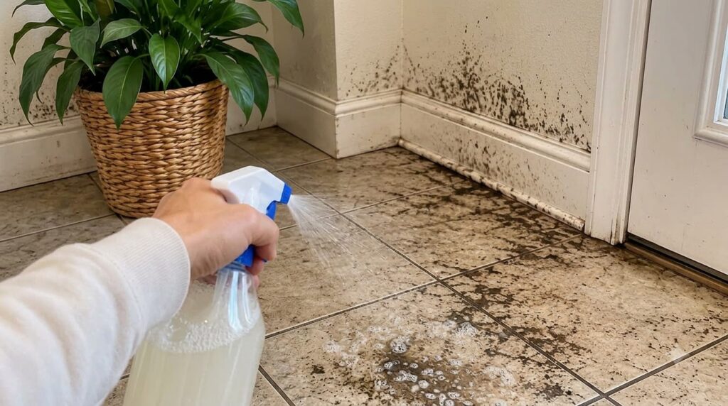 Una mano sostiene una botella de spray aplicando un limpiador sobre un suelo de baldosas muy sucio y con mugre acumulada