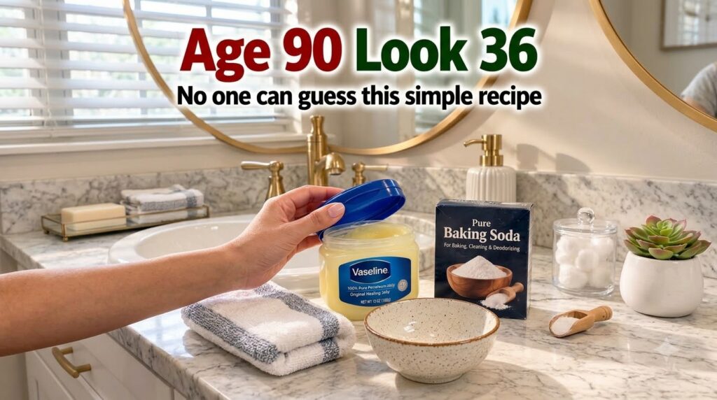 A hand holding the blue lid of a large jar of Vaseline next to a box of baking soda and an empty speckled ceramic bowl o
